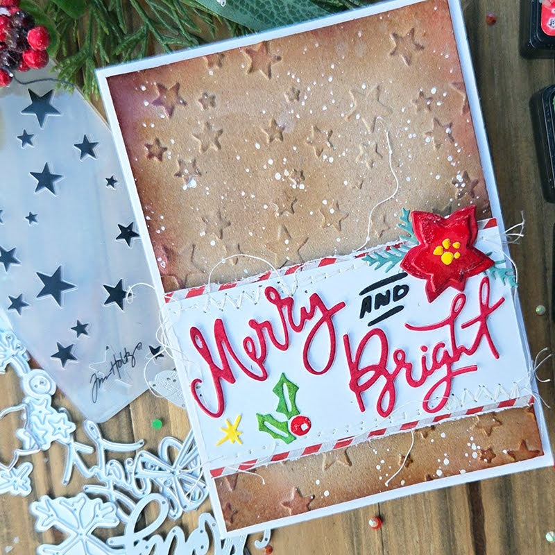 Tim Holtz Sizzix Vault Merry and Bright Sidekick Side-Order Thinlits Dies and Texture Fade Folder 667248 star background poinsettia flower card kulbir kirkland