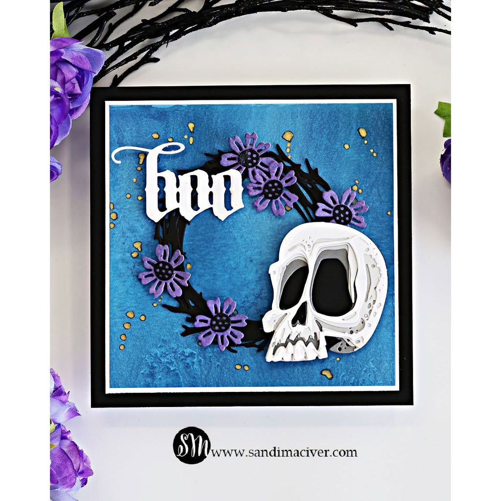 Tim Holtz Sizzix Vault Moonlight Scare Thinlits Dies 667235 skull head black wreath with purple flowers boo card sandi maciver