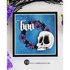 Tim Holtz Sizzix Vault Moonlight Scare Thinlits Dies 667235 skull head black wreath with purple flowers boo card sandi maciver