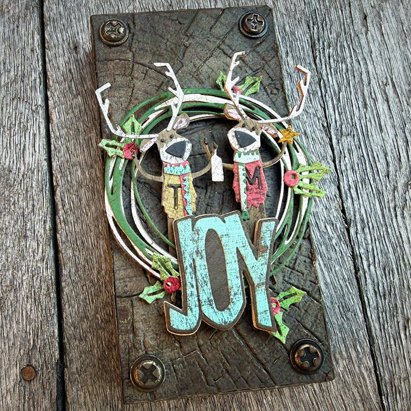 Tim Holtz Sizzix Vault Papercut Christmas Thinlits Dies 667256 reindeer wearing scarves green wreath joy card vicki evans