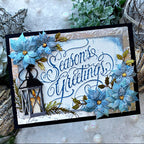 Tim Holtz Sizzix Vault Seasons Greetings A6 Multi Level Embossing Folder 667249 candle blue poinsettia flowers leaves black border card cathie cowles