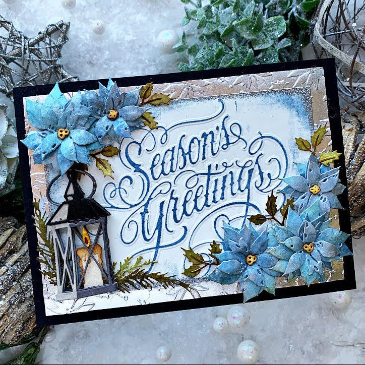Tim Holtz Sizzix Vault Seasons Greetings A6 Multi Level Embossing Folder 667249 candle blue poinsettia flowers leaves black border card cathie cowles