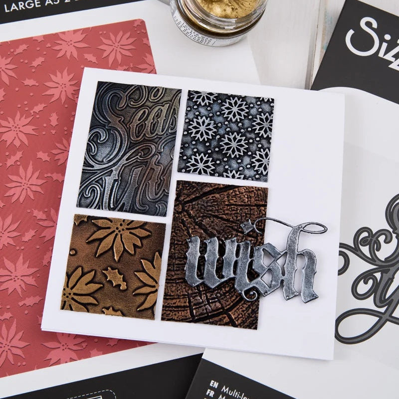 Tim Holtz Sizzix Vault Seasons Greetings A6 Multi Level Embossing Folder 667249 snowflakes season's greetings wood gran collage wish card pete hughes