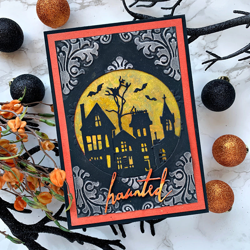 Tim Holtz Sizzix Vault Skull Damask Multi-level Embossing Folder 666912 haunted houses orange trim haunted halloween card cathie cowles