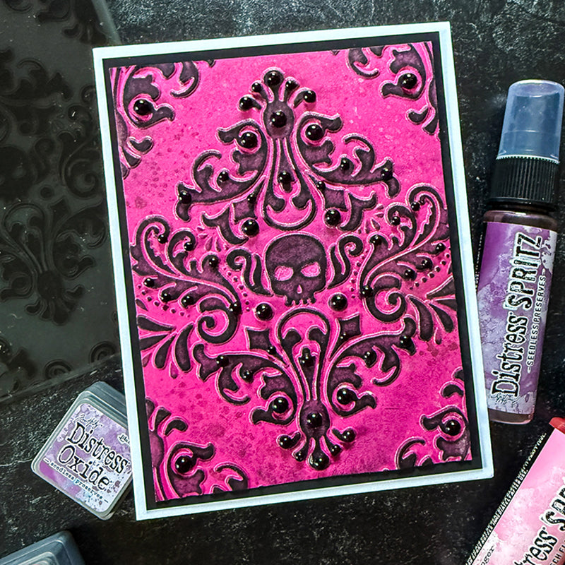 Tim Holtz Sizzix Vault Skull Damask Multi-level Embossing Folder 666912 pink background black dots skull head card cheiron brandon