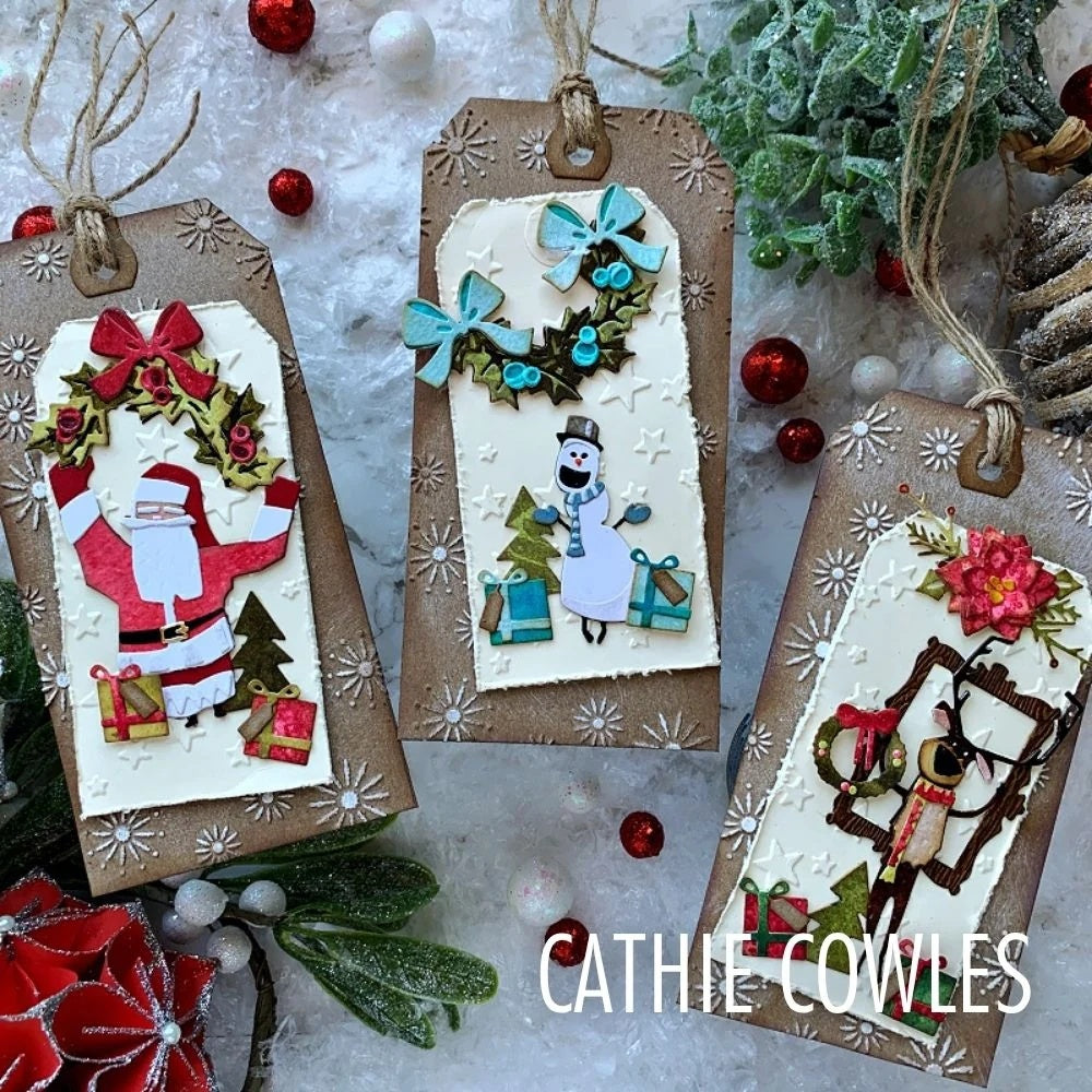 Tim Holtz Sizzix Vault Sparkle Stars Large A5 Embossing Folder 667250 reindeer snowman presents bow wreaths tag cards cathie cowles