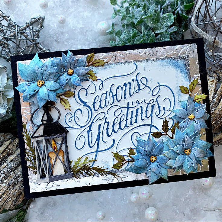 Tim Holtz Sizzix Vault Winter Candlelight Thinlits Dies 667254 candle lamp blue poinsettia flowers season's greetings card cathie cowles