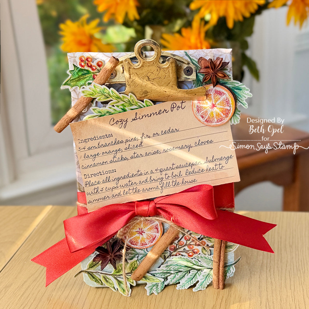 Tim Holtz Sketch Greenery Stamps with Simon Says Stamp Dies Bundle setsg26 Beth Opel Cozy Simmer Pot Christmas Clipboard