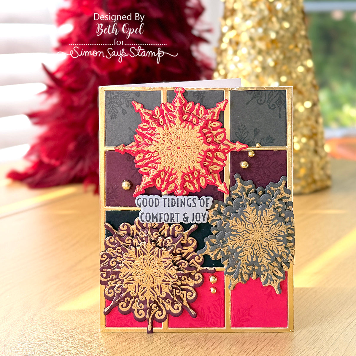 Tim Holtz Swirly Snowflakes Stamps with Simon Says Stamp Dies Bundle setsf26 Beth Opel Bright and Bold Holiday Card