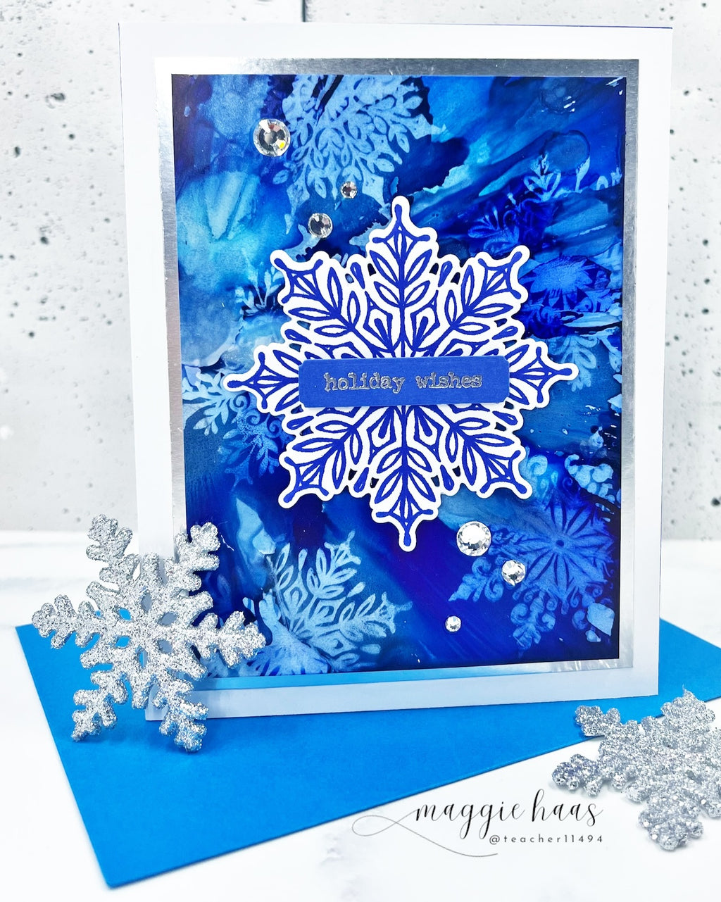 Tim Holtz Swirly Snowflakes Stamps with Simon Says Stamp Dies Bundle setsf26 Maggie Haas Blue Holiday Card