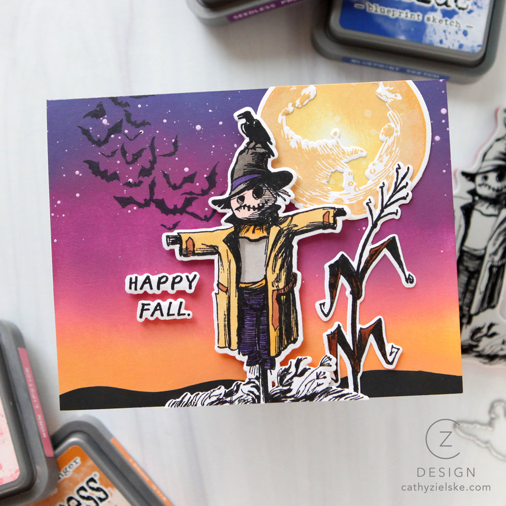 Tim Holtz The Scarecrow Stamps with Simon Says Stamp Dies Bundle setsc26 Cathy Zielske Cornfield Sunset Card
