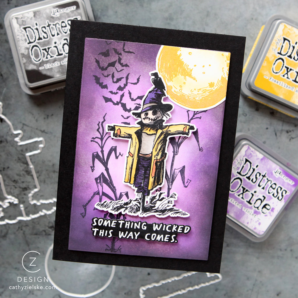 Tim Holtz The Scarecrow Stamps with Simon Says Stamp Dies Bundle setsc26 Cathy Zielske Purple Cornfield Halloween Card