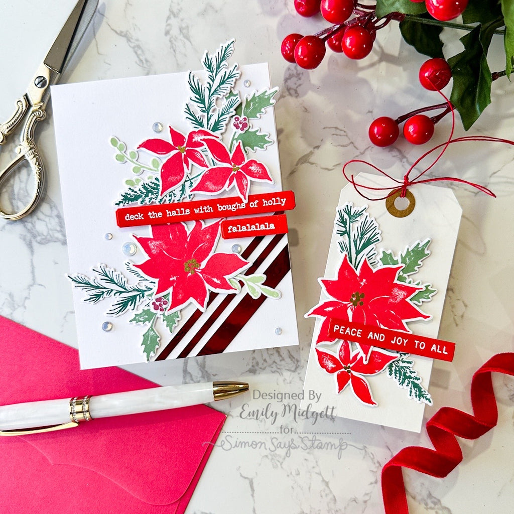 Tim Holtz Tiny Text Christmas Stamps with Simon Says Stamp Tiny Text Dies Bundle settc26 Emily Midgett Poinsettia Holiday Card and Gift Tag