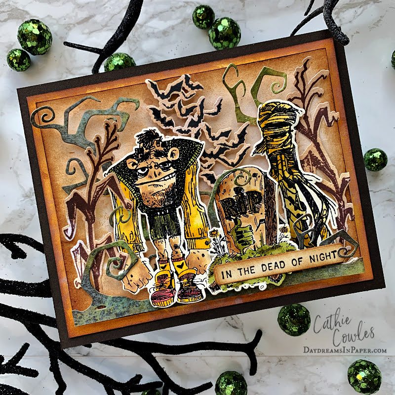 Tim Holtz Tiny Text Halloween Stamps with Simon Says Stamp Tiny Text Dies Bundle setth26 Cathie Cowles Dead of Night Card