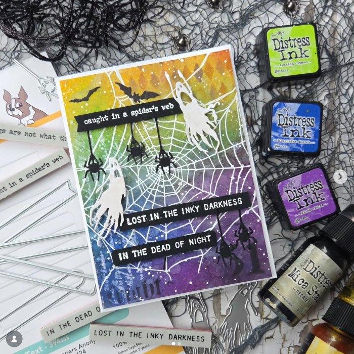 Tim Holtz Tiny Text Halloween Stamps with Simon Says Stamp Tiny Text Dies Bundle setth26 Kulbir Kirkland Spooky Halloween Card 