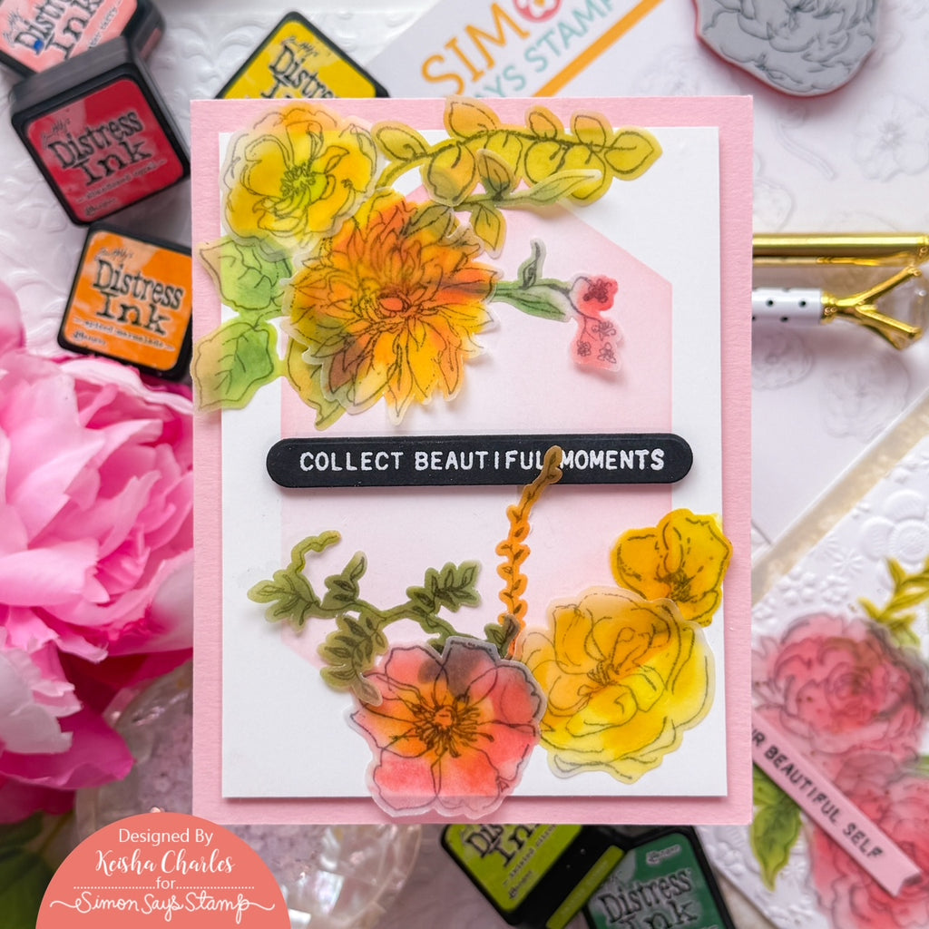 Tim Holtz Tiny Text Stamps with Simon Says Stamp Dies Bundle settx26 Beautiful Moments Flowers Card Keisha Charles