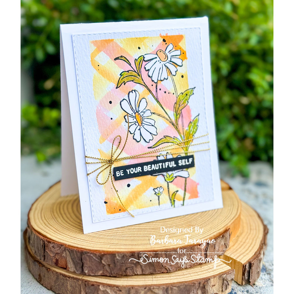 Tim Holtz Tiny Text Stamps with Simon Says Stamp Dies Bundle settx26 Beautiful Self Daisies Card Barbara Tarayao