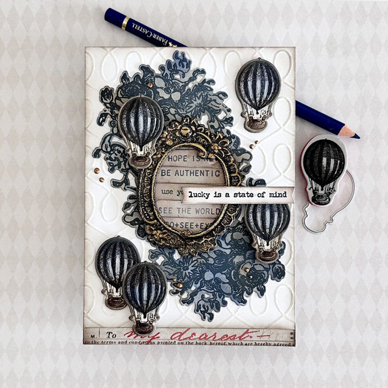 Tim Holtz Tiny Text Stamps with Simon Says Stamp Dies Bundle settx26 Hot Air Balloon Card Renée Bergeron