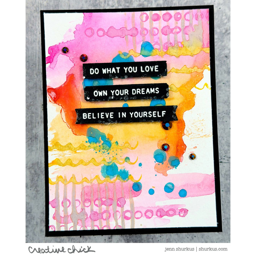 Tim Holtz Tiny Text Stamps with Simon Says Stamp Dies Bundle settx26 Jenn Shurkus Bright Encouragement Card