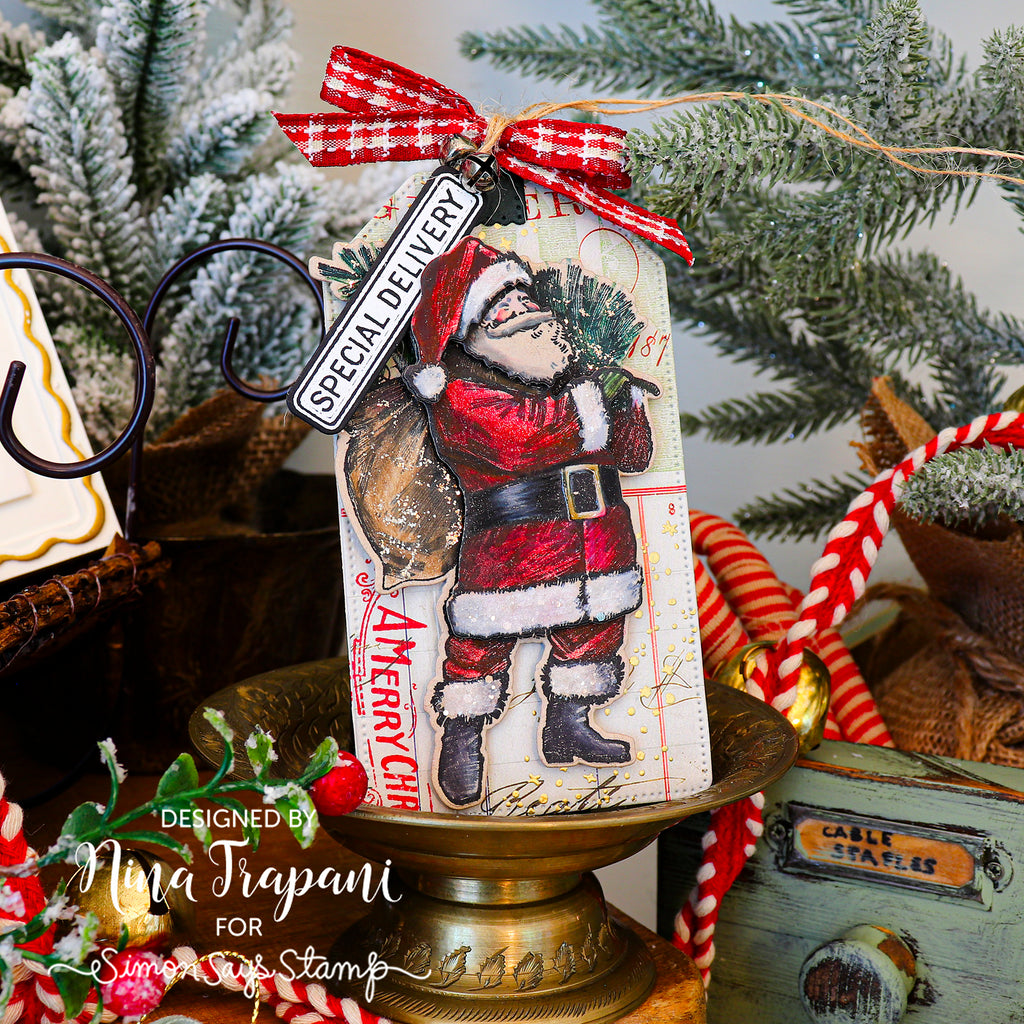 Tim Holtz Vintage Holidays Stamps with Simon Says Stamp Dies Bundle setvh26 Nina-Marie Trapani Vintage Christmas Gift Tag