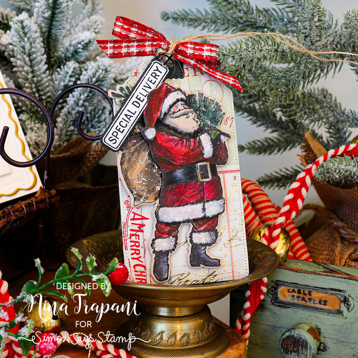 Tim Holtz Vintage Holidays Stamps with Simon Says Stamp Dies Bundle setvh26 Nina-Marie Trapani Vintage Christmas Gift Tag