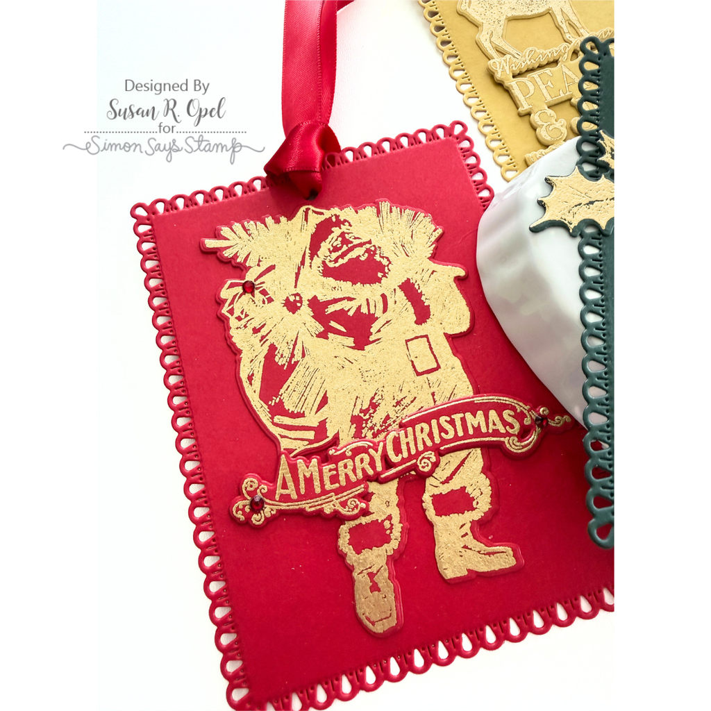 Tim Holtz Vintage Holidays Stamps with Simon Says Stamp Dies Bundle setvh26 Susan R. Opel Red and Gold Christmas Gift Tag