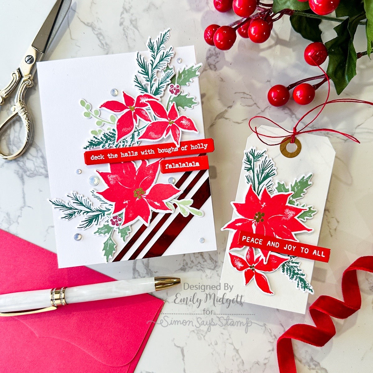 Tim Holtz Winter Watercolor Stamps with Simon Says Stamp Dies Bundle setww26 Emily Midgett Poinsettias Holiday Card and Gift Tag