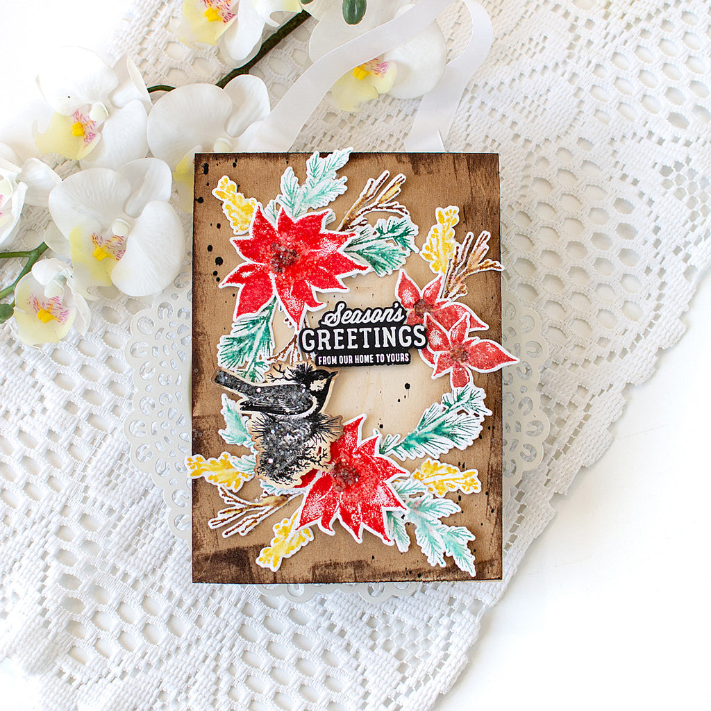 Tim Holtz Winter Watercolor Stamps with Simon Says Stamp Dies Bundle setww26 Heather Hoffman Season's Greetings Holiday Card