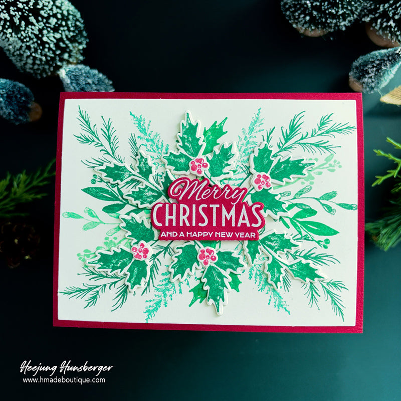 Tim Holtz Winter Watercolor Stamps with Simon Says Stamp Dies Bundle setww26 Heejung Hunsberger Fresh Foliage Christmas Card