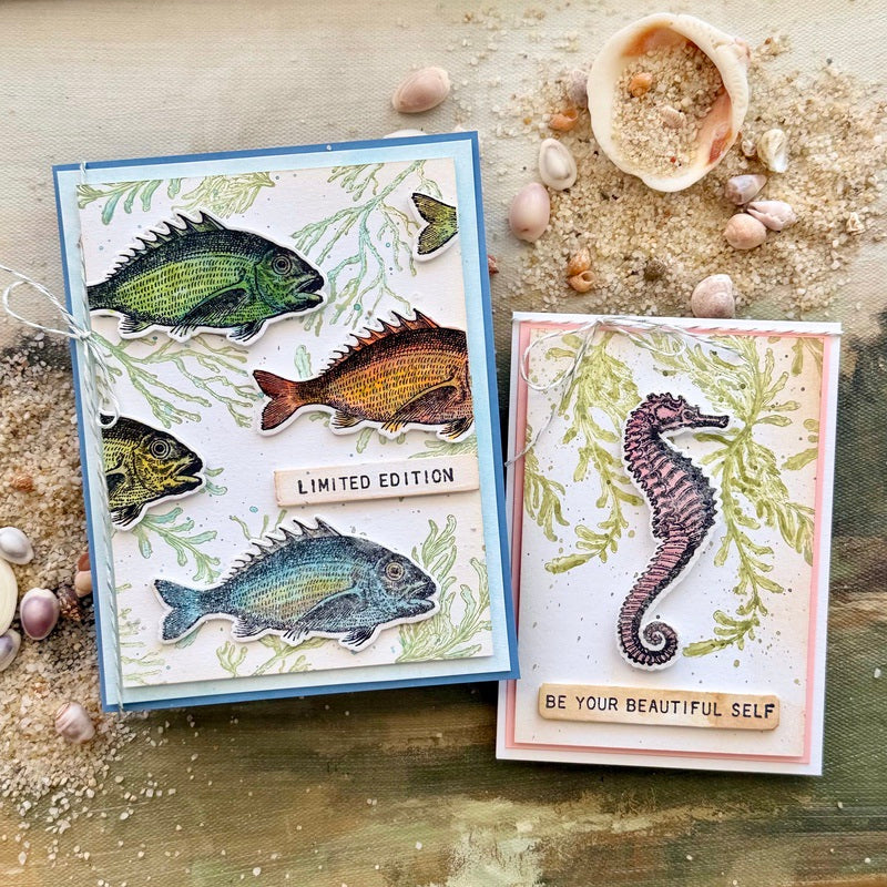 Tim Holtz Tiny Text Stamps with Simon Says Stamp Dies Bundle settx26 Under the Sea Cards Paula Cheney
