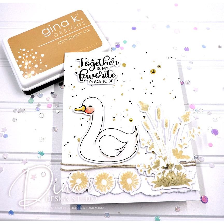 Card with swan design and text 'Together is my favorite place to be' on a white background with gold and black elements.