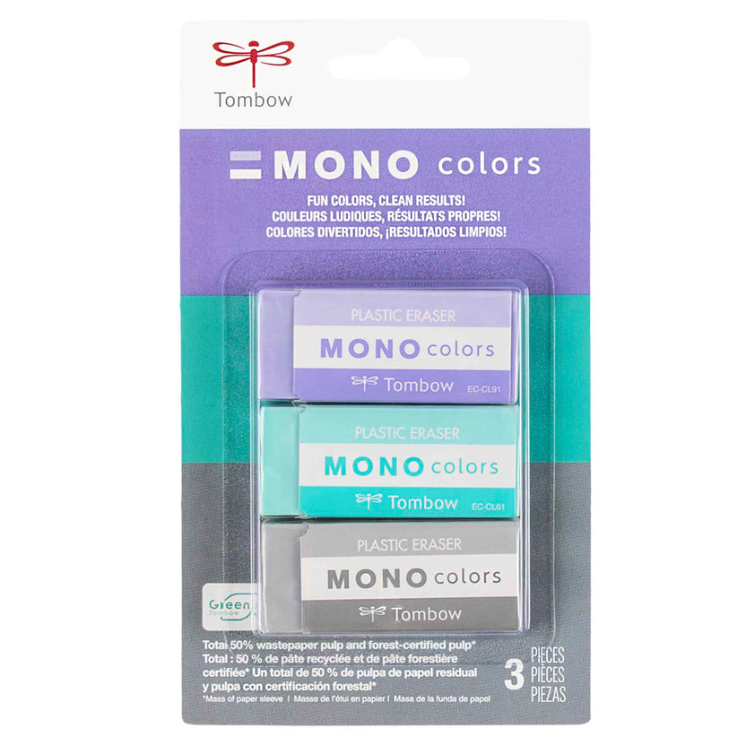 Tombow Mono Colors plastic eraser set in retail packaging, containing three erasers in lavender, mint green, and gray colors.