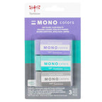 Tombow Mono Colors plastic eraser set in retail packaging, containing three erasers in lavender, mint green, and gray colors.