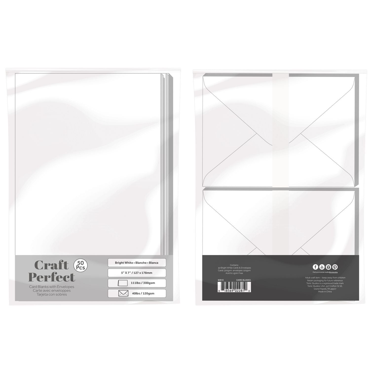 Tonic Craft Perfect 5 x 7 White Card Blanks With Envelopes 50 Pack 9281e