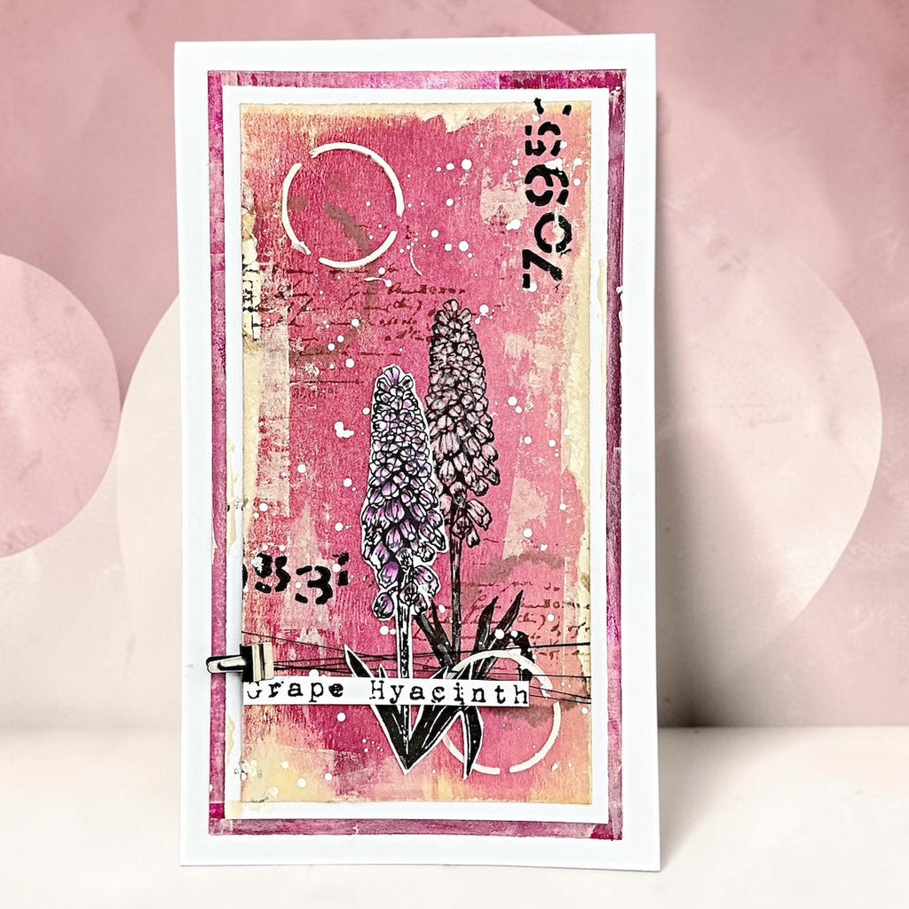 Tracy Evans Boutique Designs Background Grunge 6x6 Stencil st11 hyacinth flowers numbers pink card 