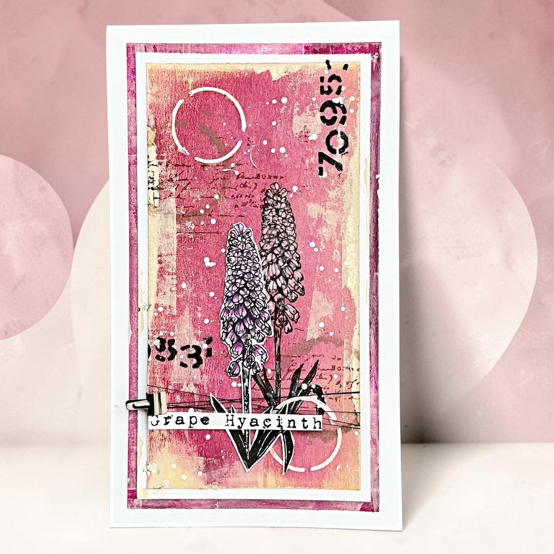 Tracy Evans Boutique Designs Background Grunge 6x6 Stencil st11 hyacinth flowers numbers pink card 