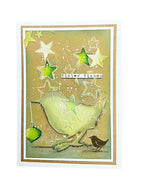 Tracy Evans Boutique Designs Cluster 4x4 Snippet Stencil ss42 bird holding ornament green stars winter wishes card