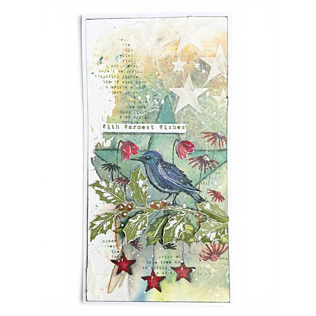 Tracy Evans Boutique Designs Create a Garden A5 Clear Stamp Set te66 bird on garland stars with warm wishes card