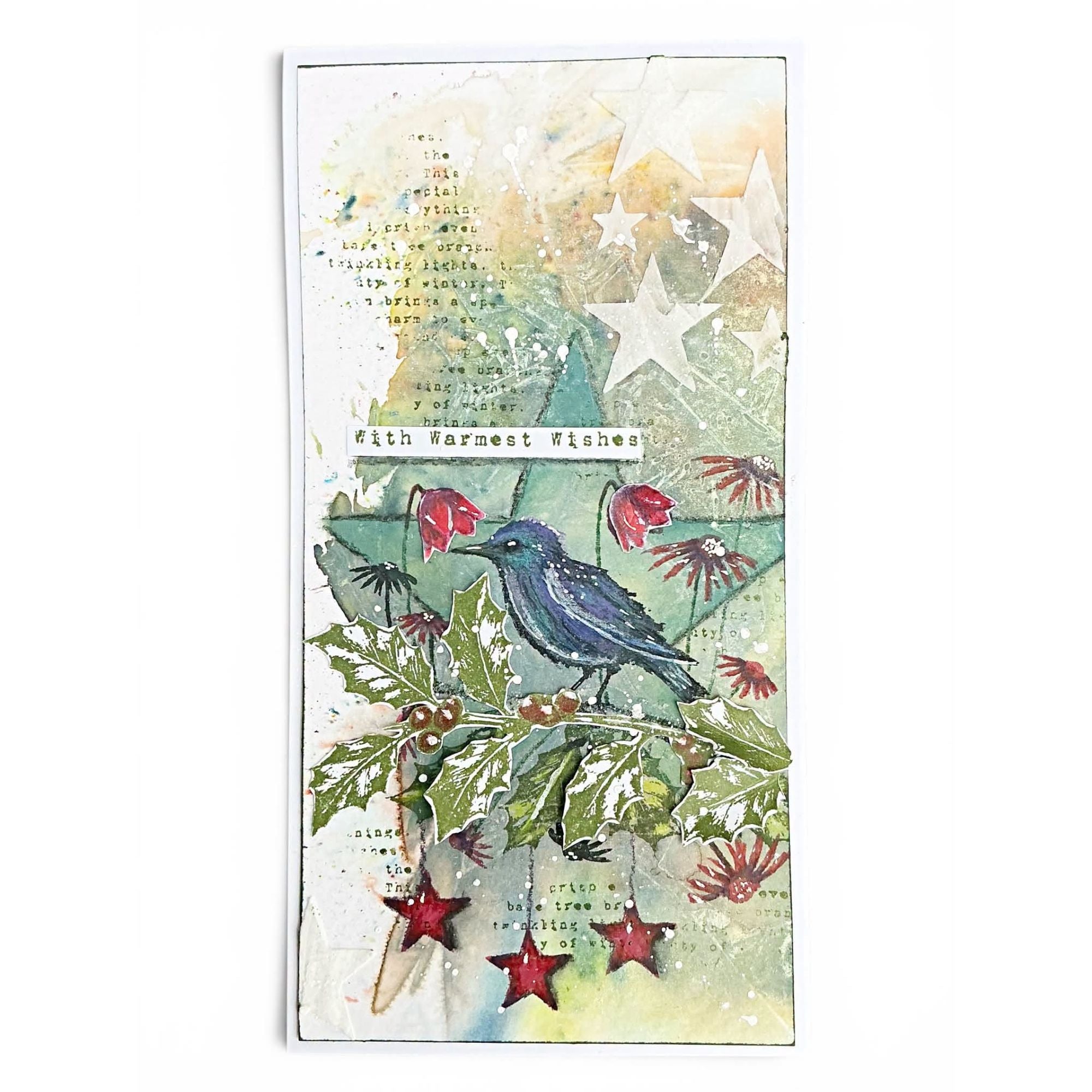 Tracy Evans Boutique Designs Create a Garden A5 Clear Stamp Set te66 bird on garland stars with warm wishes card