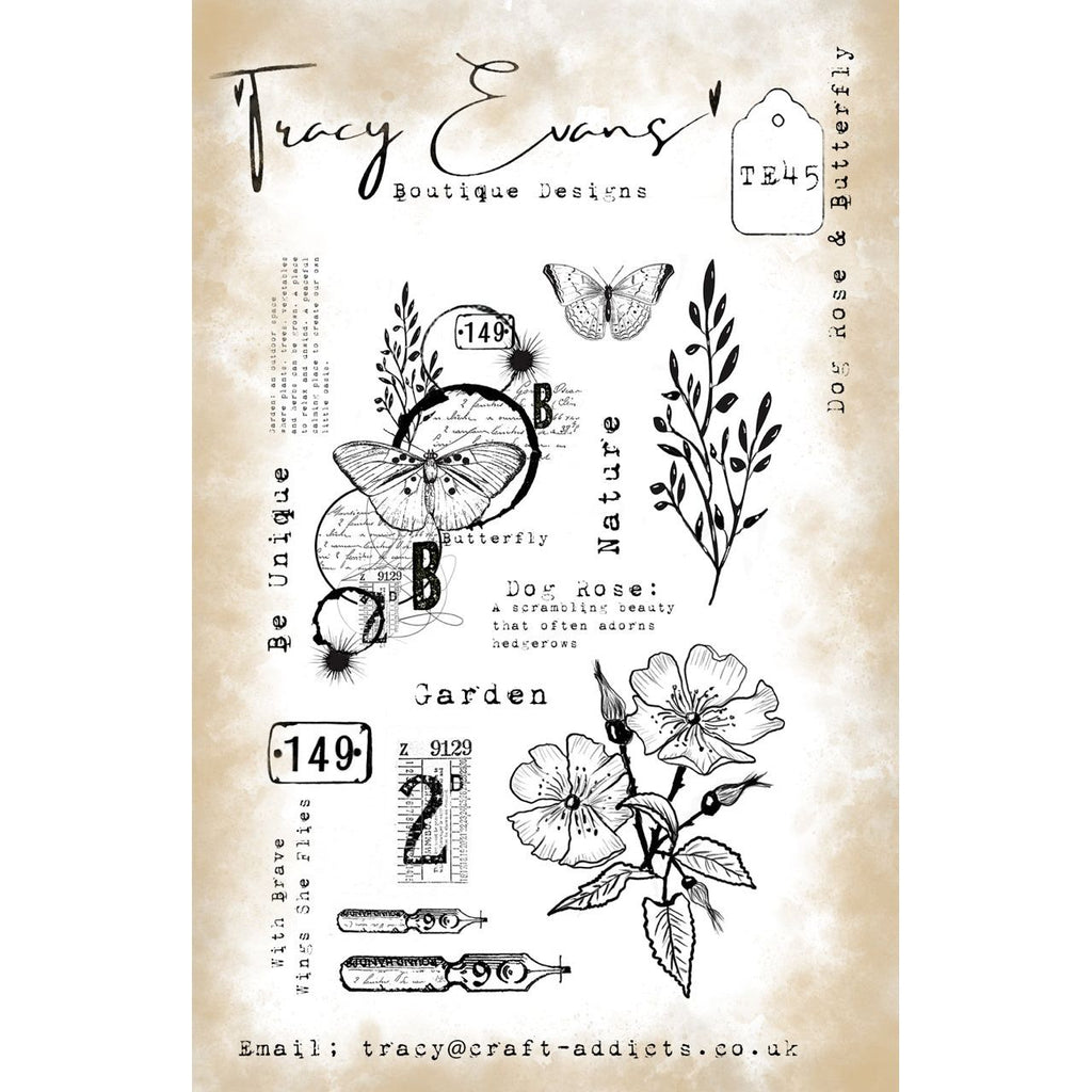 Tracy Evans Boutique Designs Dog Rose and Butterfly A5 Clear Stamps te45