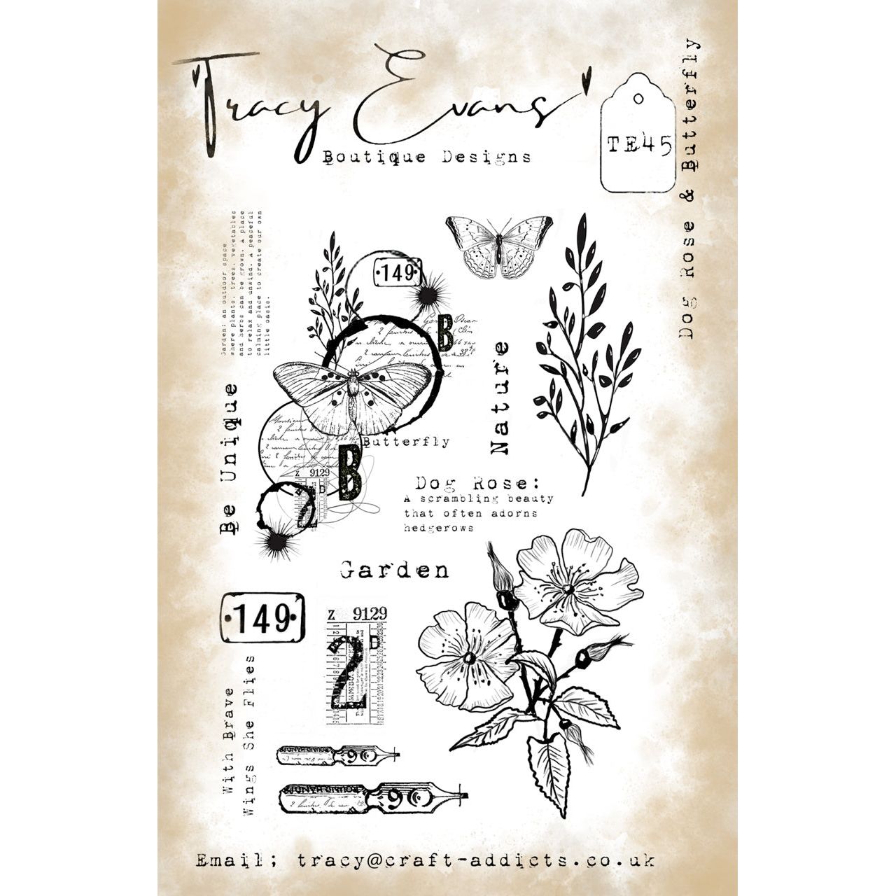 Tracy Evans Boutique Designs Dog Rose and Butterfly A5 Clear Stamps te45