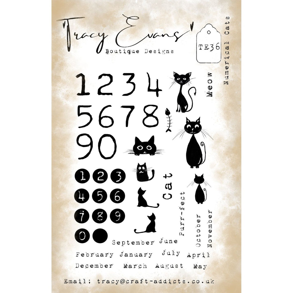 Tracy Evans Boutique Designs Numerical Cats A5 Clear Stamps te36