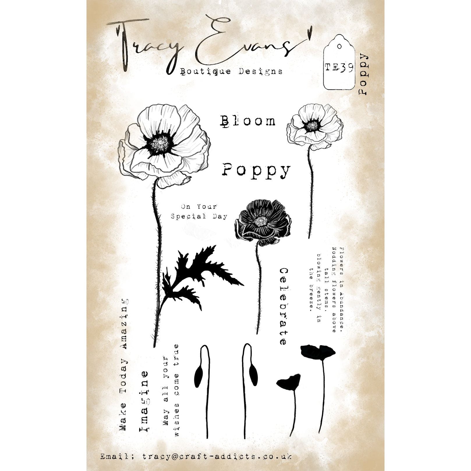 Tracy Evans Boutique Designs Poppy A6 Clear Stamps te39