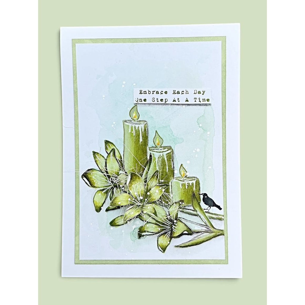 Tracy Evans Boutique Designs Sit and Reflect Clear Stamps te70 green candles green flowers card