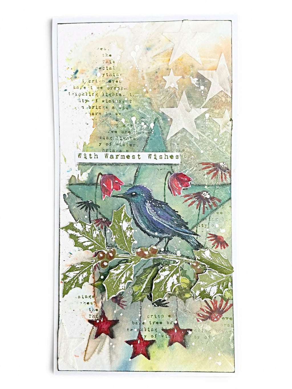 Tracy Evans Boutique Designs Star 4x4 Snippet Stencil ss41 bird on branch red flowers star background with warmest wishes card
