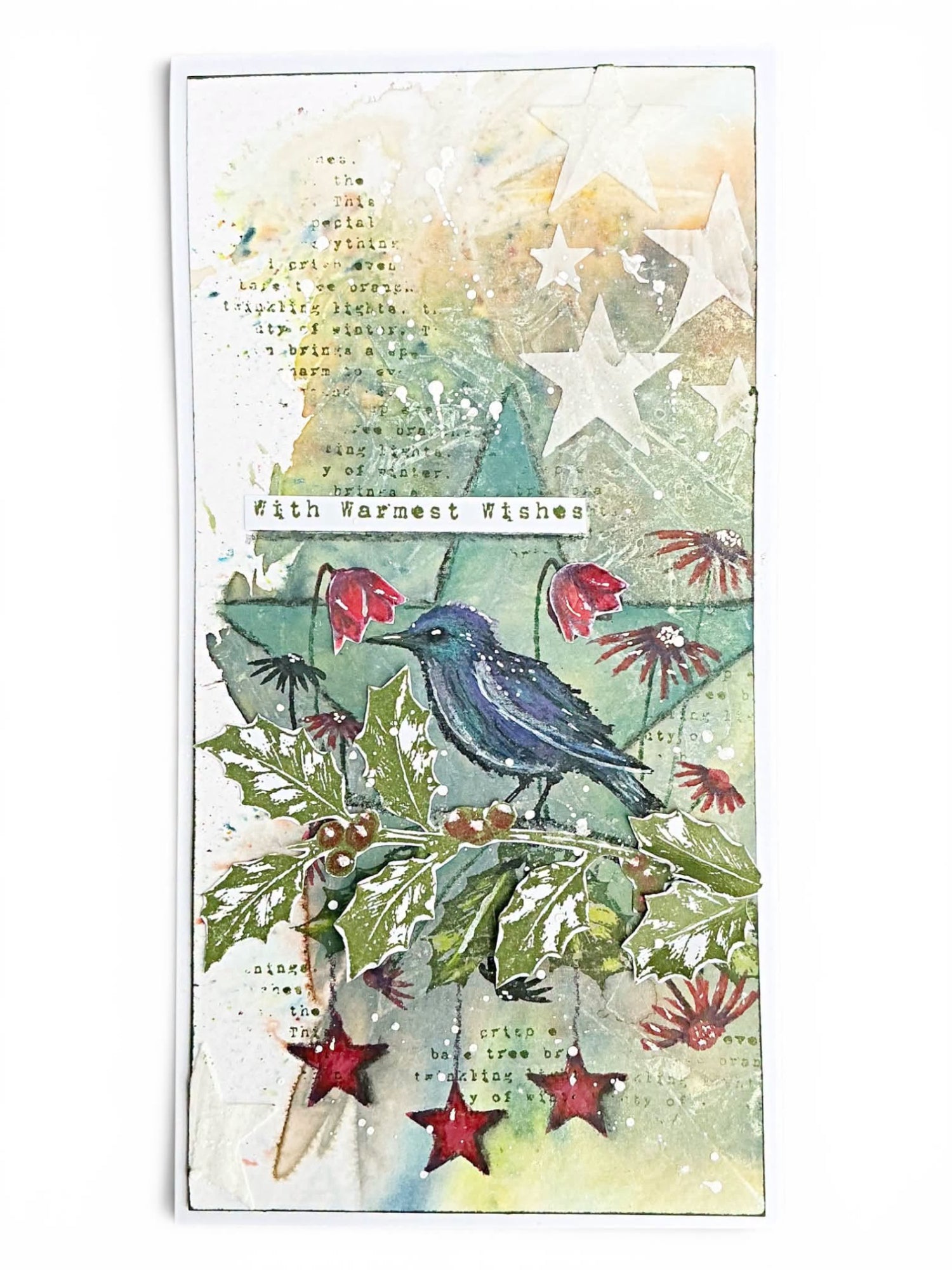 Tracy Evans Boutique Designs Star 4x4 Snippet Stencil ss41 bird on branch red flowers star background with warmest wishes card