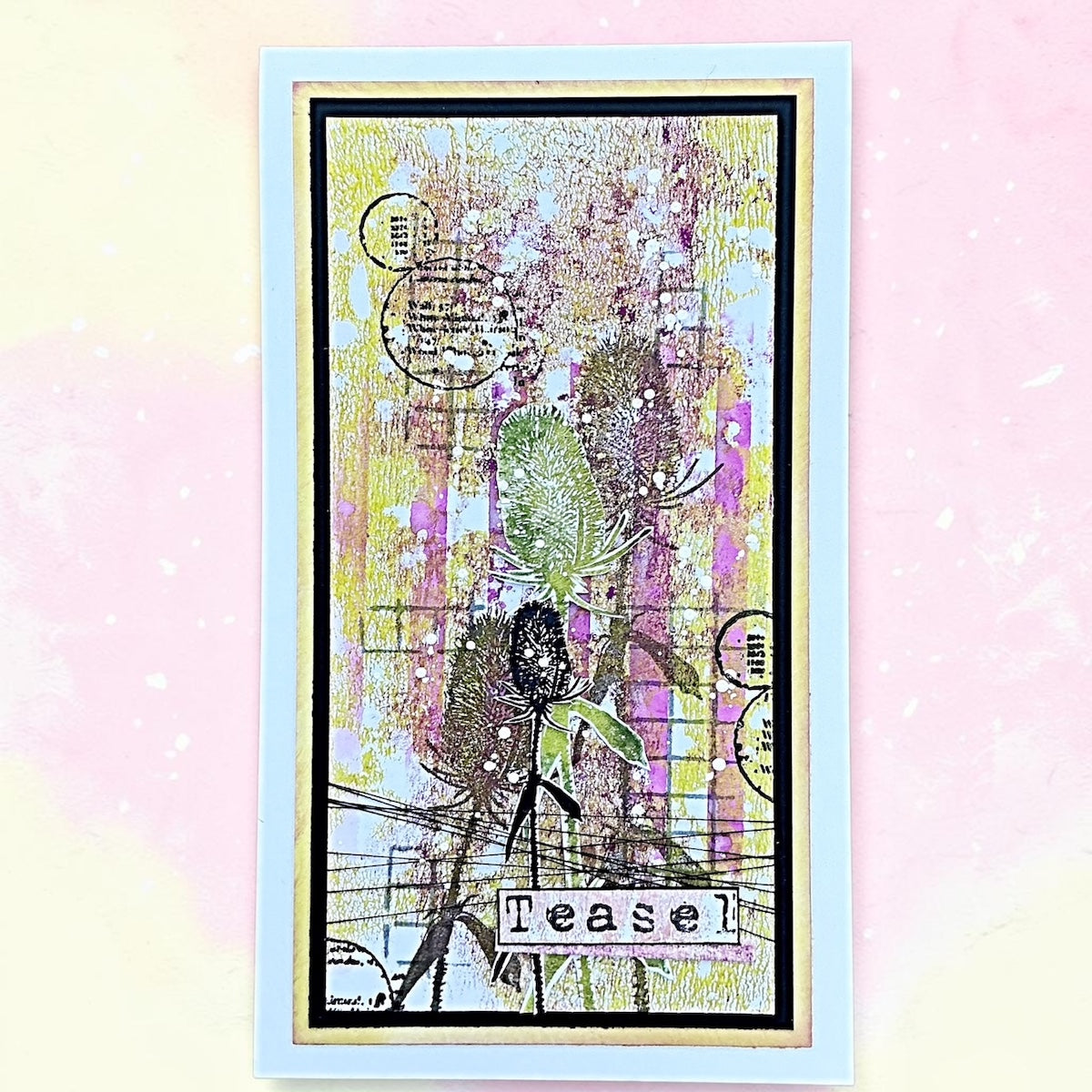 Tracy Evans Boutique Designs Stripes 6x6 Stencil st12 teasel plants yellow purple background
