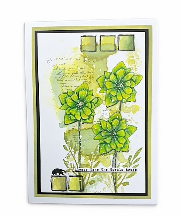 Tracy Evans Boutique Designs Take the Scenic Route A6 Clear Stamps te68 green flowers squares card