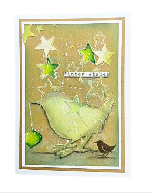 Tracy Evans Boutique Designs Wren 4x4 Snippet Stencil ss40 birds stars winter wishes card
