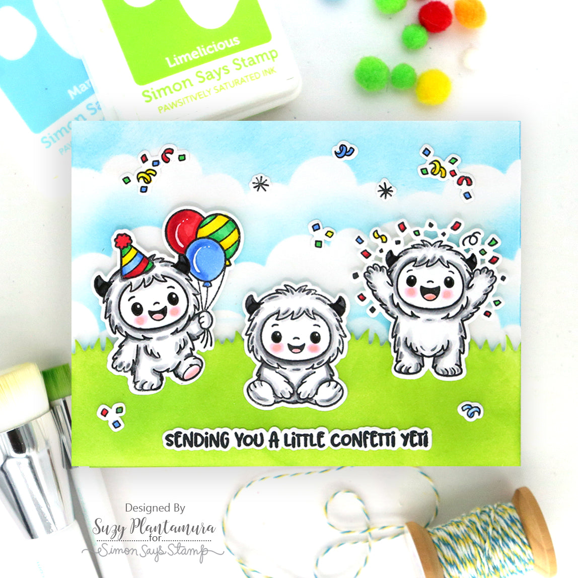 Trinity Stamps Confetti Yeti STAMPtember Exclusive Stamps 3490ssc Three Yetis Celebrating in Spring | color-code:ALT04